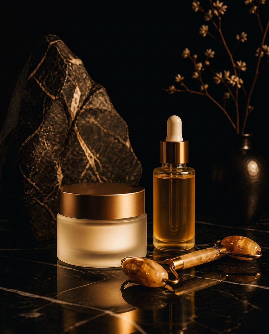 Sélection d’objets de beauté premium coréens sur pierre noire
